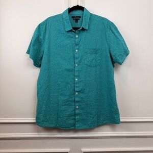 Marc Anthony Mens XL Slim Fit Linen Cotton Short Sleeve Button Down Shirt Teal